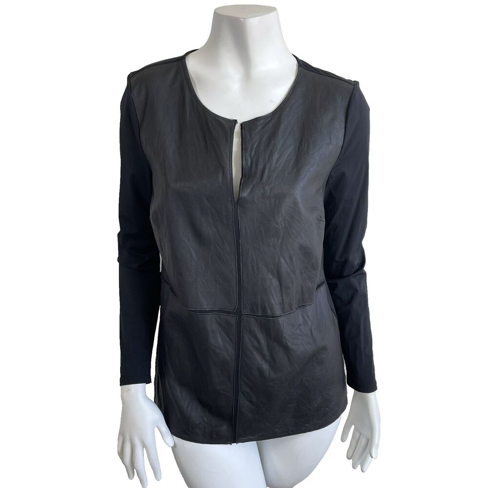 Ecru Black Mesh Lamb Leather‎ Long Sleeve Blouse Top M Moto Edgy Grunge Punk